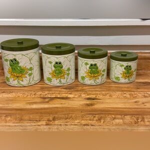 Vtg 1970s Frog Kitchen Canister Set 4 Piece Sears Roebuck Metal Canisters Retro